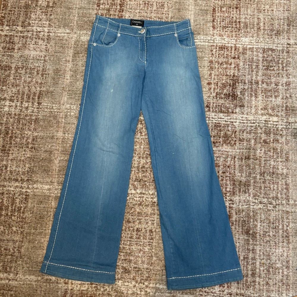Authentic Vintage Chanel Light Blue Contrast Stitch Flare Denim Size 40 (US 4-6)